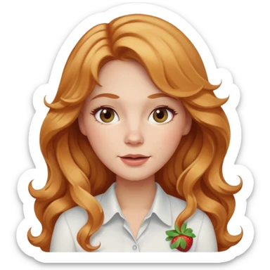 white adult woman with strawberry blonde super long wavy hair, white shirt, blushed cheeks sticker