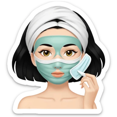 white girl with black hair doing self care, face mask, relaxing sticker