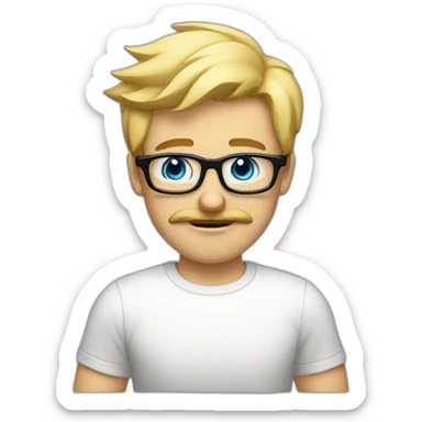 blond guy, with a mustache, wearing a black square-shaped eye glasses frame, basic t-shirt, gesturing with arms "he doesn't" sticker