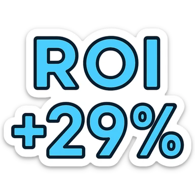 text 'ROI +29%' in bold font, bright cyan blue color, lineal color icon style with black outlines sticker