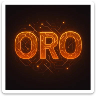 A futuristic 'ORO' emoji in orange gradient, with neural network lines wrapping around the letters, glowing accents, and a digital, sci-fi look. sticker