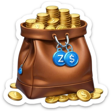 leather bag on top of blue coins stack sticker