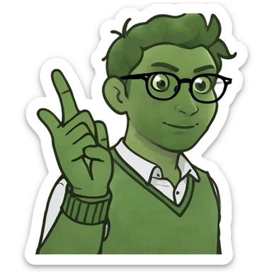 A man with nerdy glasses and a sweater vest holding up one finger sticker