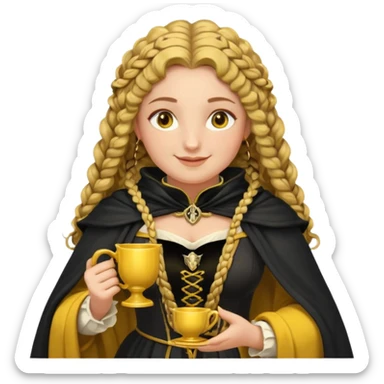 Helga Hufflepuff, 2 curly thick brown braids, yellow-black medieval dress, black cloak decorated with gold braiding, tiny two-handled shiny yellow-gold cup, very kind smile, curvy busty sweet woman, thick rosy cheeks sticker