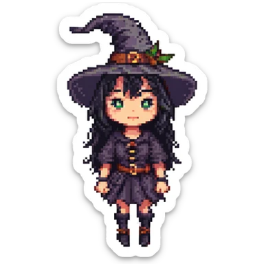 A cute witch with black hair and black eyes, pixel art style, facing right. sticker