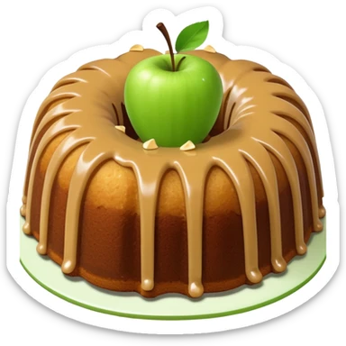 Bundt cake with sliced green apple pieces and tan sauce on top of the cake sticker