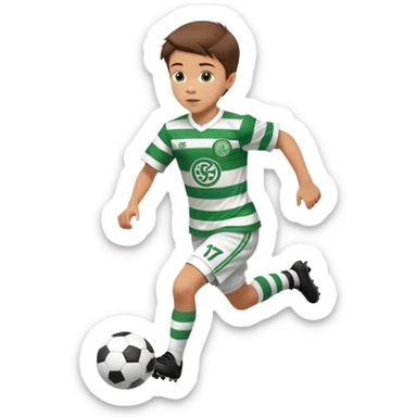 Brown hair 6 years old white boy footballer RUNNING playing soccer wearing CELTIC  UNIFORM  has white stripes  # 17 in the jersey the celtic football club logo  sticker