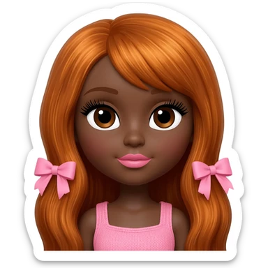 Doll with darkbrown skin with long ginger hair with pink bows, lashes, cute lips sticker