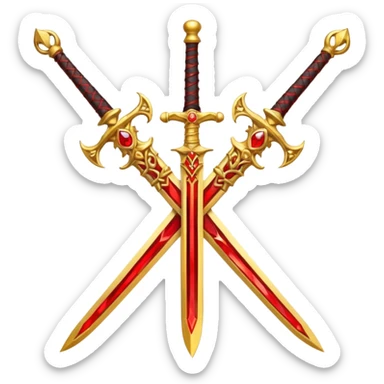 Two crossed swords that are golden in blade and handle and have fiery and royal appearence to them as well as red gem stones yellow in color sticker