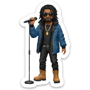 African American man with shoulder length black dreadlocks with black beard wearing dark black sunglasses wearing a black bubble coat wearing denim skinny jeans and timberland boots rapping into a microphone on stage sticker