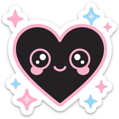 kawaii style magical gothic heart, smiling face, black and pink colors, surrounded by sparkles and stars, sweet and bold sticker