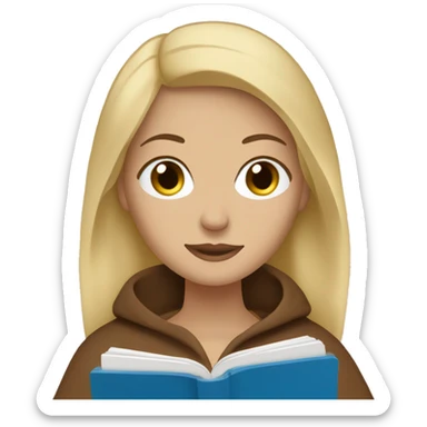 blonde woman with blue eyes in a brown blanket with a beige book in her handsemoji sticker