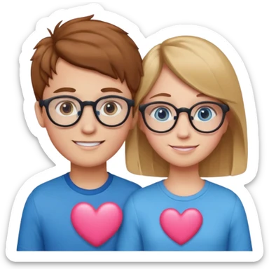 two young lovers, a pink heart in the middle, boy with chestnut hair and glasses, girl blonde with blue eyes without glasses, emoji style sticker