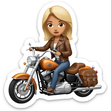 A woman wearing leather riding a Harley Davidson sticker