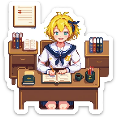 Pixel art anime girl with short bright yellow hair wearing Japanese sailor style school uniform, sitting at desk reading book but with excited smile, energetic studying pose sticker