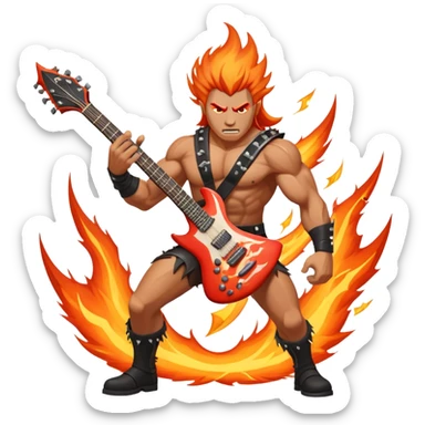 An icon showing a rock musician wielding a guitar in an epic battle, inspired by Brutal Legend. The design features fiery backgrounds, musical notes floating in the air, and electrifying stage lights, capturing the power of music and combat. Transparent background highlights the energy. sticker