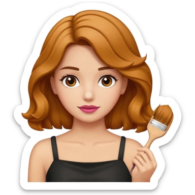 Chica blanca castaña con el cabello ondulado, aplicándose rubor con una brocha en la mano sticker