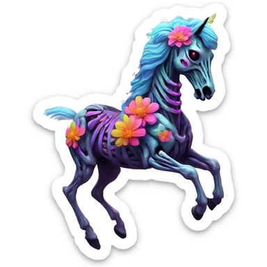 Neon Zombie Pegasus unicorn skeleton psychedelic flowers floral groovy art neon rave raving sticker