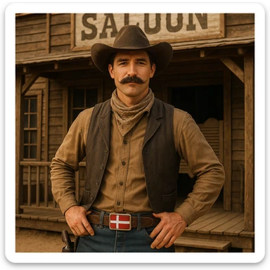 Danish cowboy with a mustache and Danish flag belt buckle standing in front of a saloon sticker