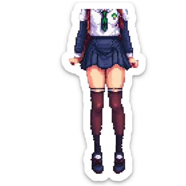 pixel art of a girl in a school uniform, focus on legs in dark stockings sticker
