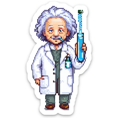 pixel art of Einstein in a lab coat holding a test tube sticker