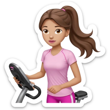girl with wavy long ponytail brown hair, brown eyes, light to medium complexion, long lashes, light pink lipstick, wearing light pink shirt, on an elliptical sticker