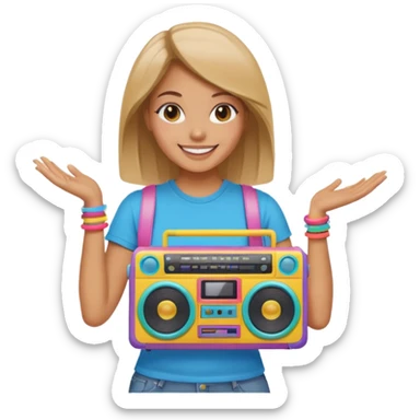woman holding colorful boombox sticker