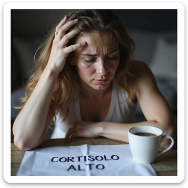 woman with PCOS, face with acne and chin hair, thinning hair, tired and stressed expression, hand on forehead, sheet with the text 'CORTISOLO ALTO', empty coffee cup, home environment, hyperrealistic 4K details sticker
