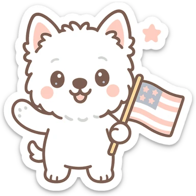 West Highland White Terrier (Westie) holding and waving an American flag, kawaii cute style sticker