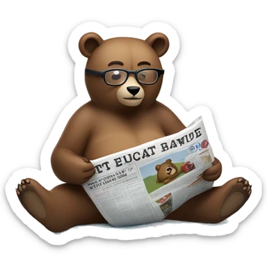Bear reclining on a picnic blanket wearing glasses reading a newspaper sticker