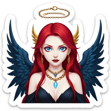 half body portrait of an extremely diabolical girl with pale white skin, massive towering wings, very long flowing blood red hair, glowing blue eyes, black hellfire aura, no horns, evil grin, gold necklace sticker