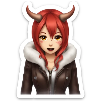 demon hime gyaru girl, red hair, demon horns, leather coat sticker