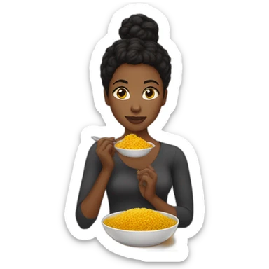 Black woman with black short hair in a bun, eating rice with curry sticker