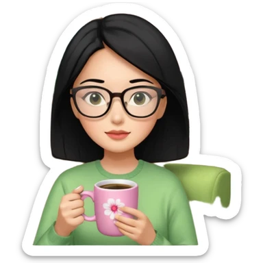 Chica de pelo negro ojos negros y piel morena con lentes oversize square GAFAS DE LEER BIEN GRANDES , ropa de color verde , sentada en una sala de casa , en la mano derecha una taza de cafe en color rosa con una flor negra de diseno. Sentada mirando un drama koreano en la television.  sticker