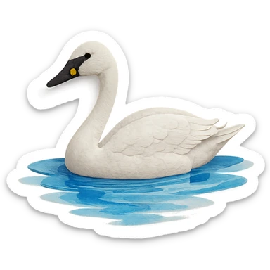 very detailed tundra swan swimming in water, paper craft style, layered cut paper textures, white feathers, black beak with yellow spot, blue water reflections sticker