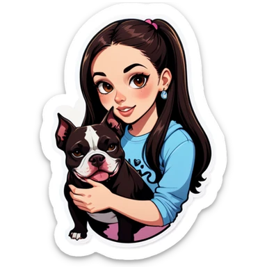 Slightly overweight beautiful girl with choppy long dark hair with her nose piercing and her black iPhone with her her pet pit bull girl with an underbite layed next to her sticker