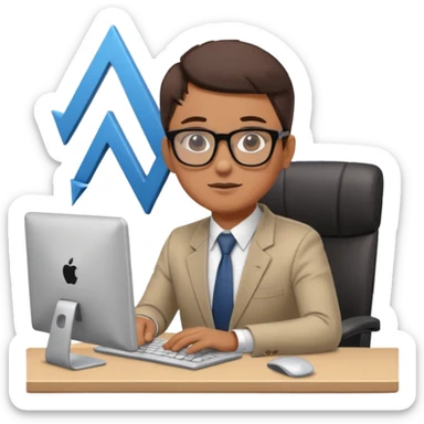 A person sitting at a desk working on a computer with upward arrows and percentage signs, suggesting digital sales, marketing, or outreach. sticker