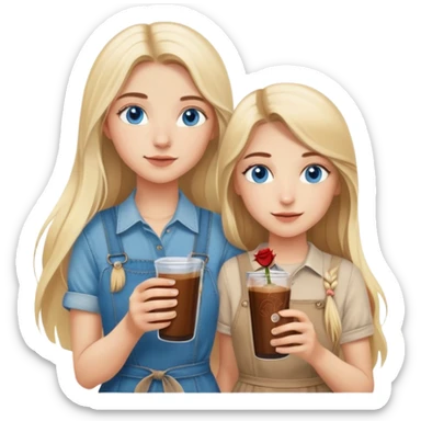 Turkish beautiful finish Konya girl long blonde hair and blue eyes with his brother beige denim dress and had on her hand Rose Cold brew coffee   sticker