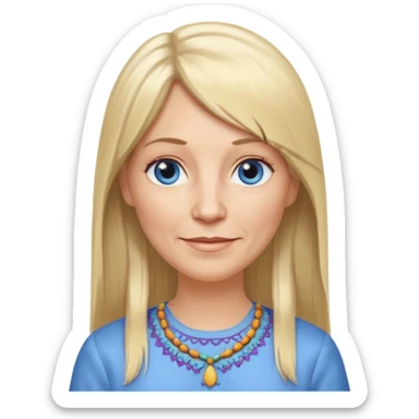 50 yr old white woman, hippie part bangs, very long straight blond hair, oval face, small smile, blue eyes, thin face, hair downback, hair parted at center of head, round cheeks, pale, longer hair, dress shirt sticker