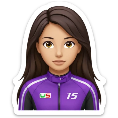 brunette long hair woman with black racing outfit with single purple strips sticker