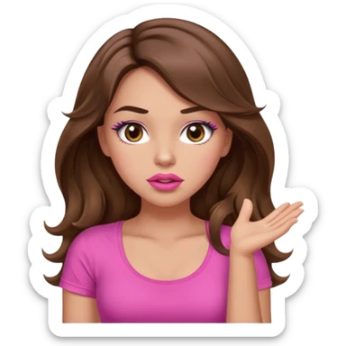 girl with long wavy brown hair, brown eyes, light to medium complexion, in a pink sexy top, pink puckered lips, long lashes, shrugging sticker