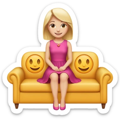 smiling blonde woman full body sitting on a couch, SFW, emoji style sticker