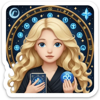 A long wavy haired blonde girl with blue eyes, wearing black, holding astrology chart with Virgo symbol  sticker