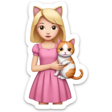 a girl in a pink dress holding a calico cat, emoji style, icon sticker