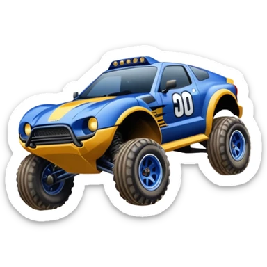 Dirty Midnight-blue Local Motors Rally Fighter off road race car jumping over a dirt ramp  sticker