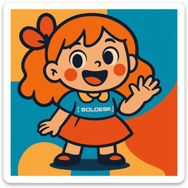 Add the SOLDESK logo to the character's shirt, keep the vibrant toon style, preserve the original background. sticker