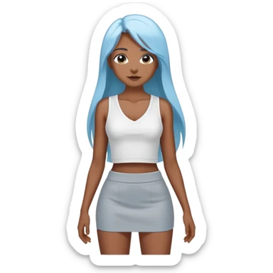 hyperrealistic caucasian, darker sky blue long straight hair, white deep v-neck crop tanktop, gray tight mini skirt sticker