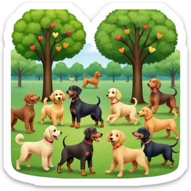 Collage of various dog breeds like Doberman, Poodle, Dachshund, and Golden Retriever, playing in a park with trees and grass. Some dogs run, others sit, all are full of energy and happiness. A joyful, colorful scene with playful expressions. Transparent background. sticker
