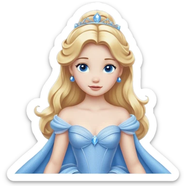 Cinematic Realistic Cute Cinderella Portrait, featuring fair, luminous skin with finely detailed texture and softly lit golden-blonde hair cascading in gentle waves. Her warm, inviting blue eyes sparkle with youthful charm and curiosity, while her classic, elegantly draped ball gown reveals meticulously rendered fabric details and natural folds. The overall composition is bathed in a gentle, realistic radiance that exudes both playfulness and heartfelt beauty. sticker