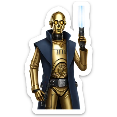 tarnished undercover tough well-equipped Jedi  life-sized darkblue-pearl C3po leather vest clothing pants and vest old west duster coat holding light saber sheriff sticker